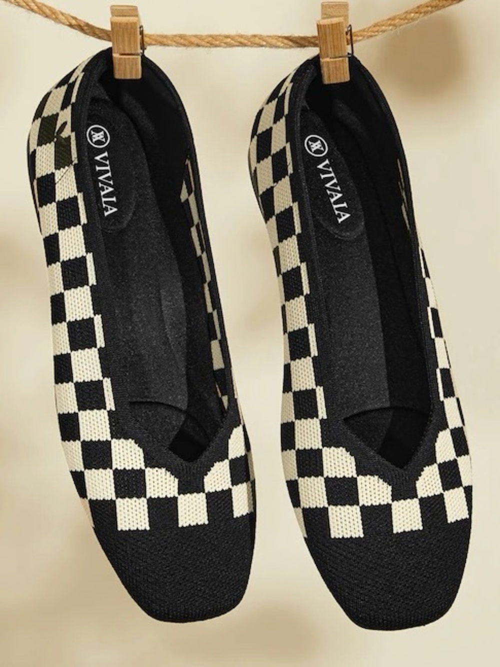 VIVAIA Margot 2.0 Square-Toe V-Cut Flats Black/Cream Checkerboard Print EUC 38